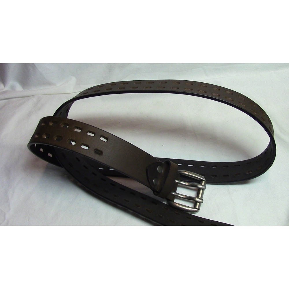 Men's Genuine Leather Jeans Belt Brown 2-Hole Heavy Duty Silver Buckle 44/46 - Picture 3 of 3